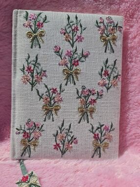 Beaded Linen Floral Journal Cover in Pink, Gold & Green